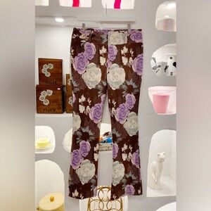 Y2K Bootcut Pants with Stretch & Floral, Face, Text Collage Pattern